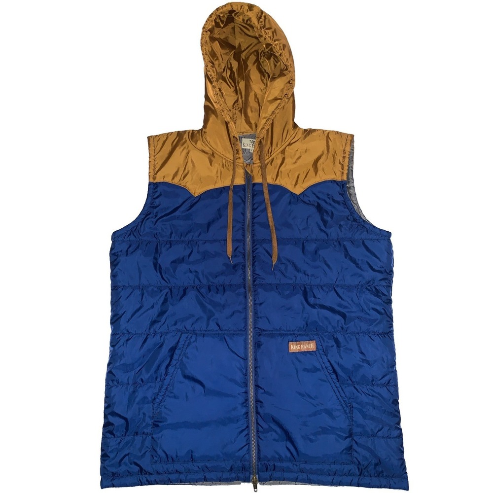 King Ranch Quilted Vest Mens XL Blue Brown Lightweight Hooded Full Zip Cowboy